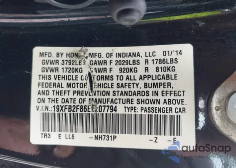 2014 Honda Civic Ex z USA, uszkodzony, nr VIN 19XFB2F86EE207794